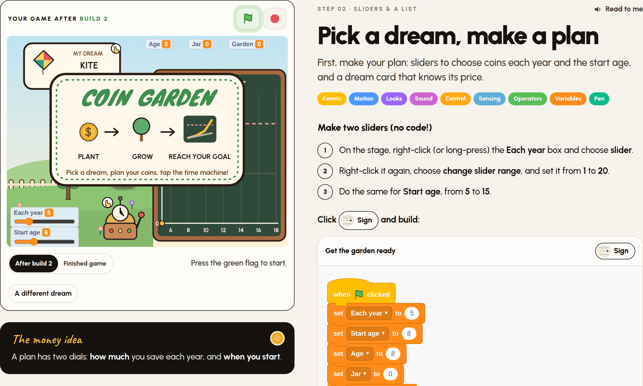 A step from the Coin Garden Time Machine guide, with the game and the Scratch blocks to build.