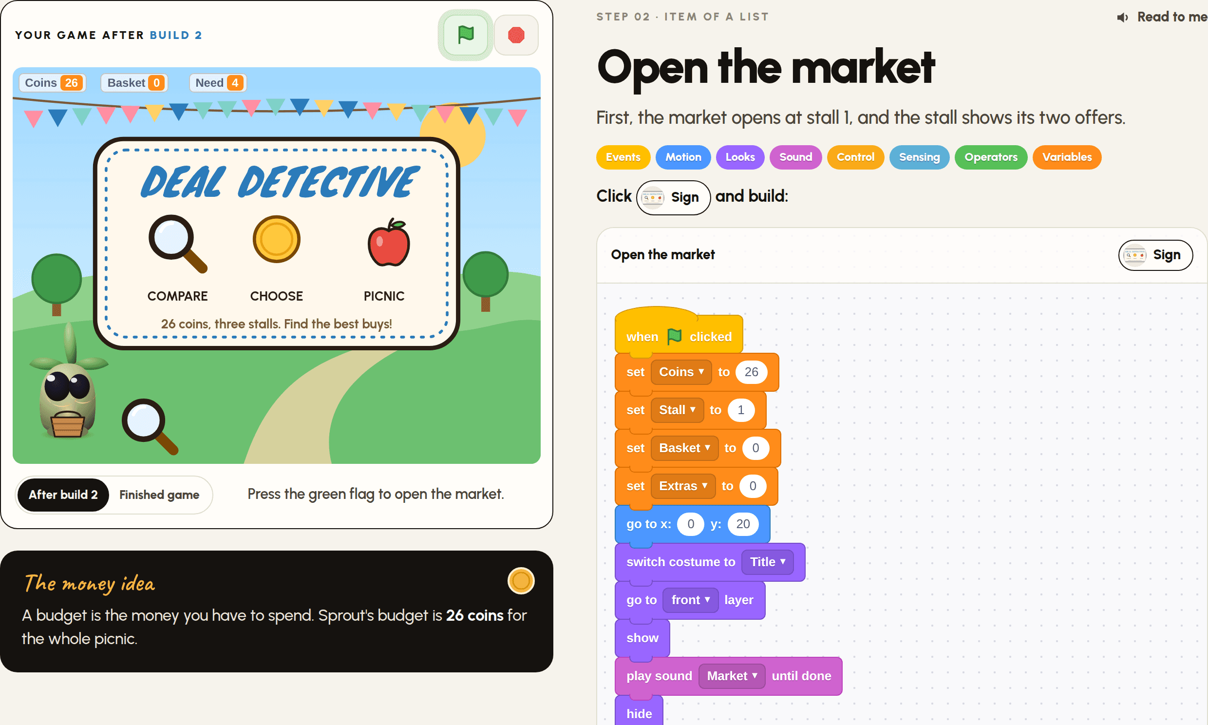 A step from the Deal Detective guide, with the game and the Scratch blocks to build.