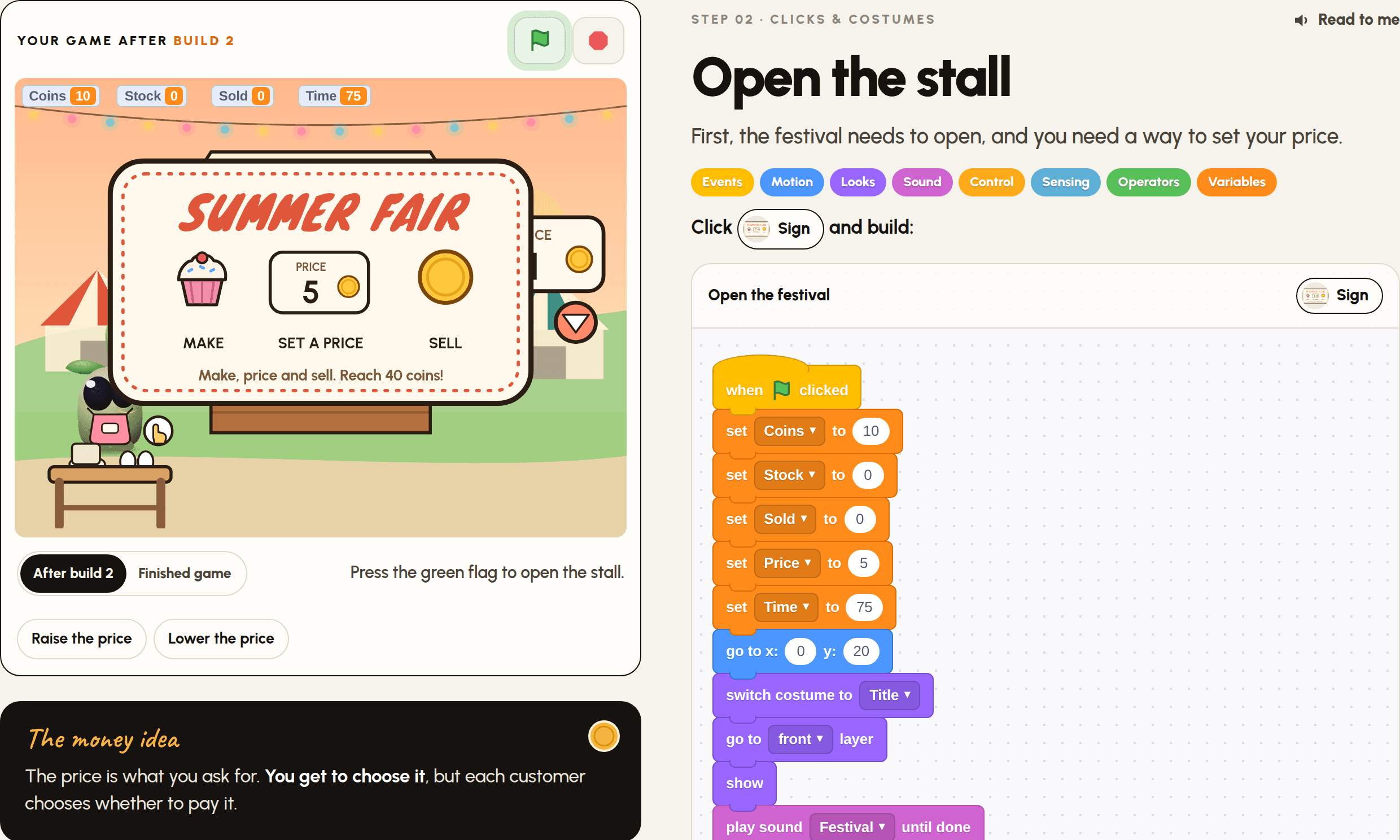 A step from the Festival Day Stall guide, with the game and the Scratch blocks to build.