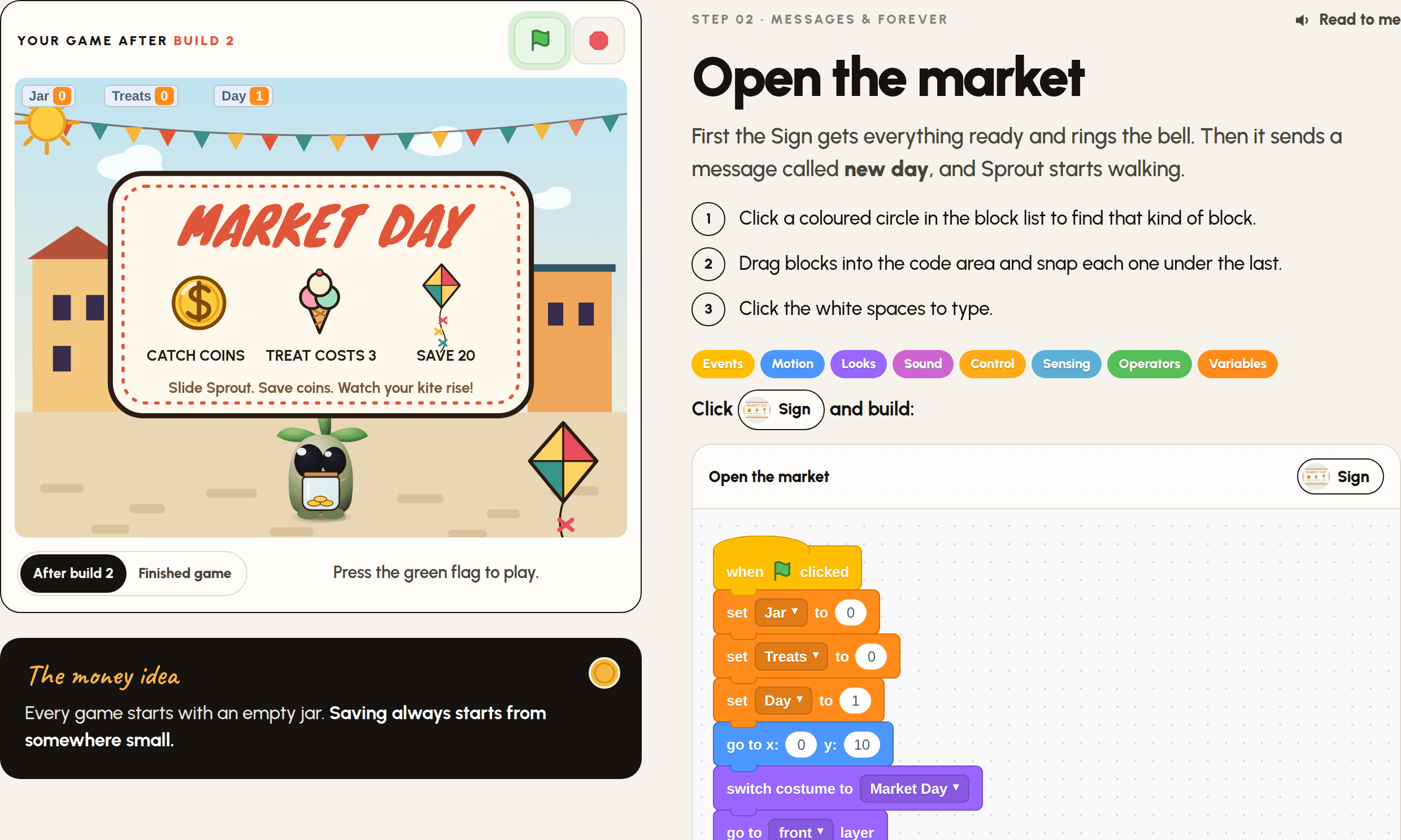 A step from the Market Day guide, with the game and the Scratch blocks to build.