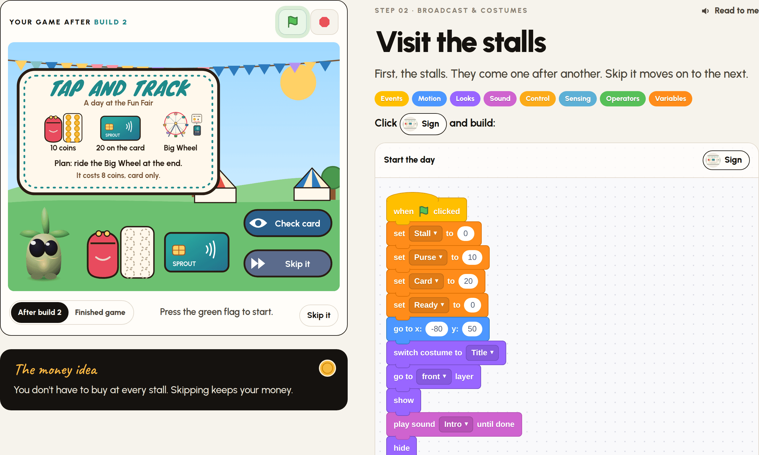 A step from the Tap and Track guide, with the game and the Scratch blocks to build.